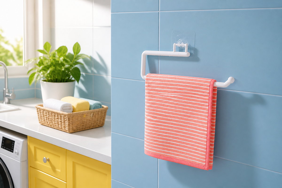 Perch swing-arm holder carrying a coral striped towel in a bright laundry room