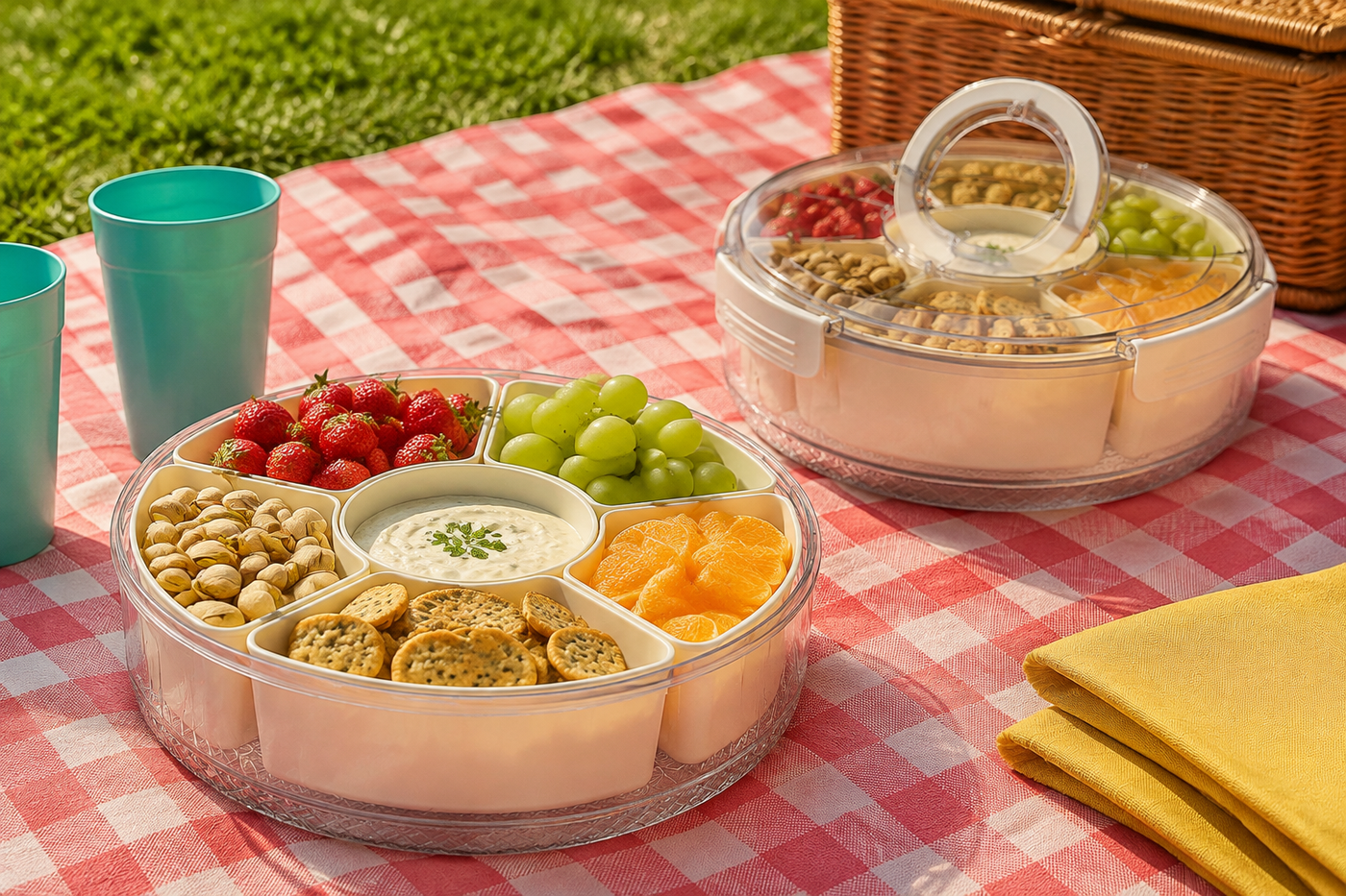 Two PetalSpin divided serving trays with fruit and snacks at a bright outdoor picnic