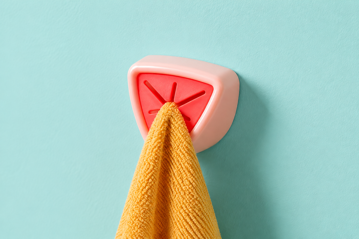 Pink TuckLoop push-through towel hook holding a mustard towel on a teal wall