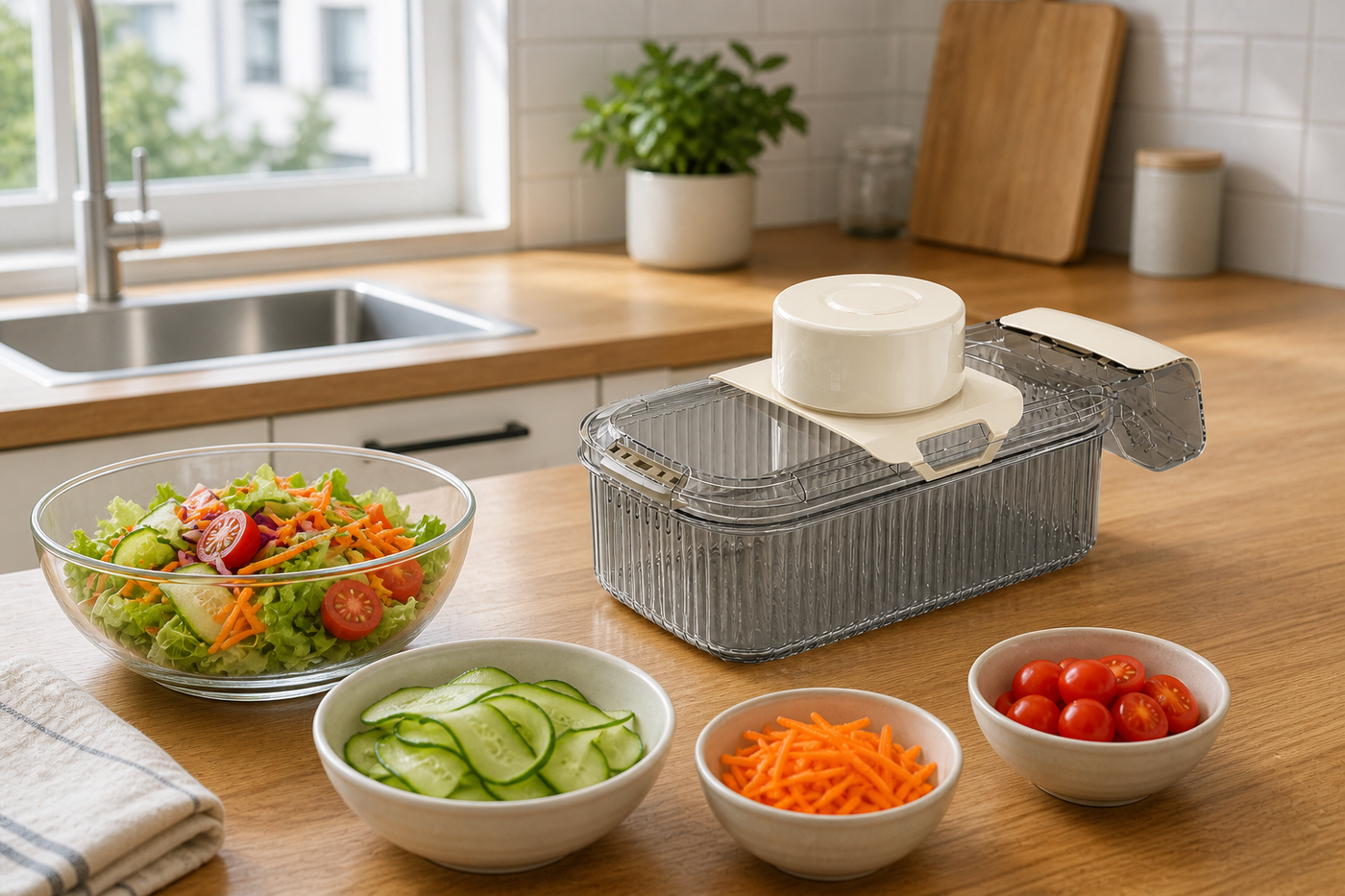 PrepPro slicer set beside fresh salad ingredients in a bright compact kitchen