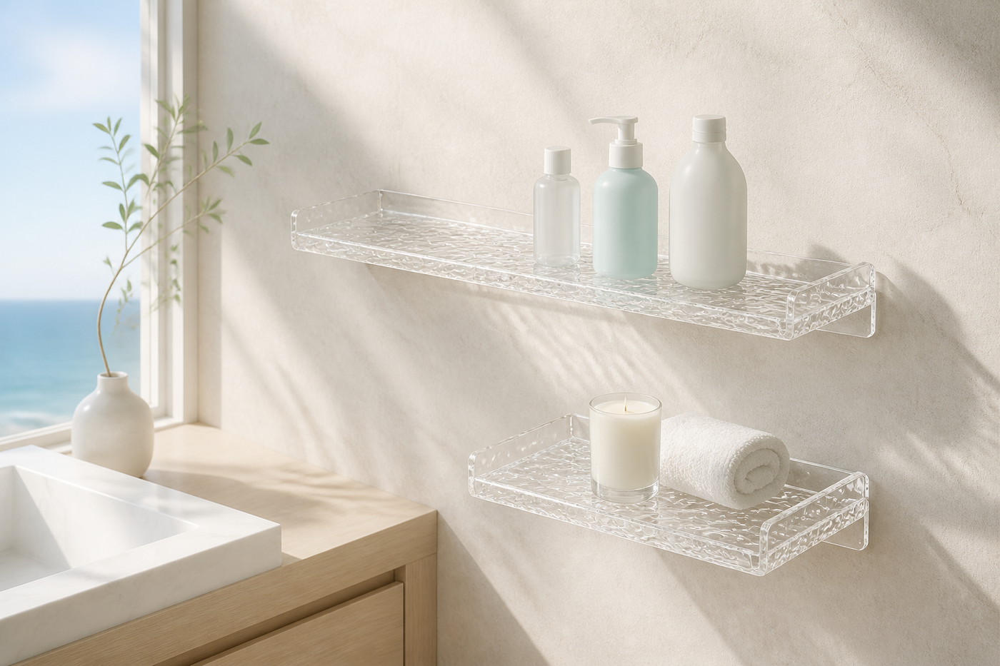 RippleClear small and large clear bathroom shelves in an airy spa bathroom
