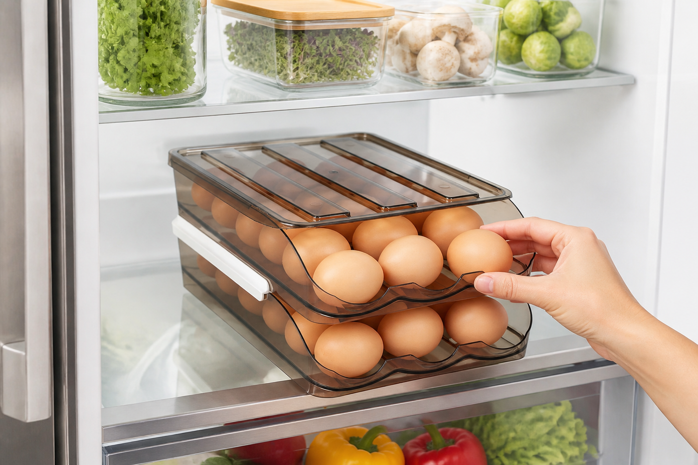 Hand removing an egg from the Roost gravity-feed refrigerator organizer