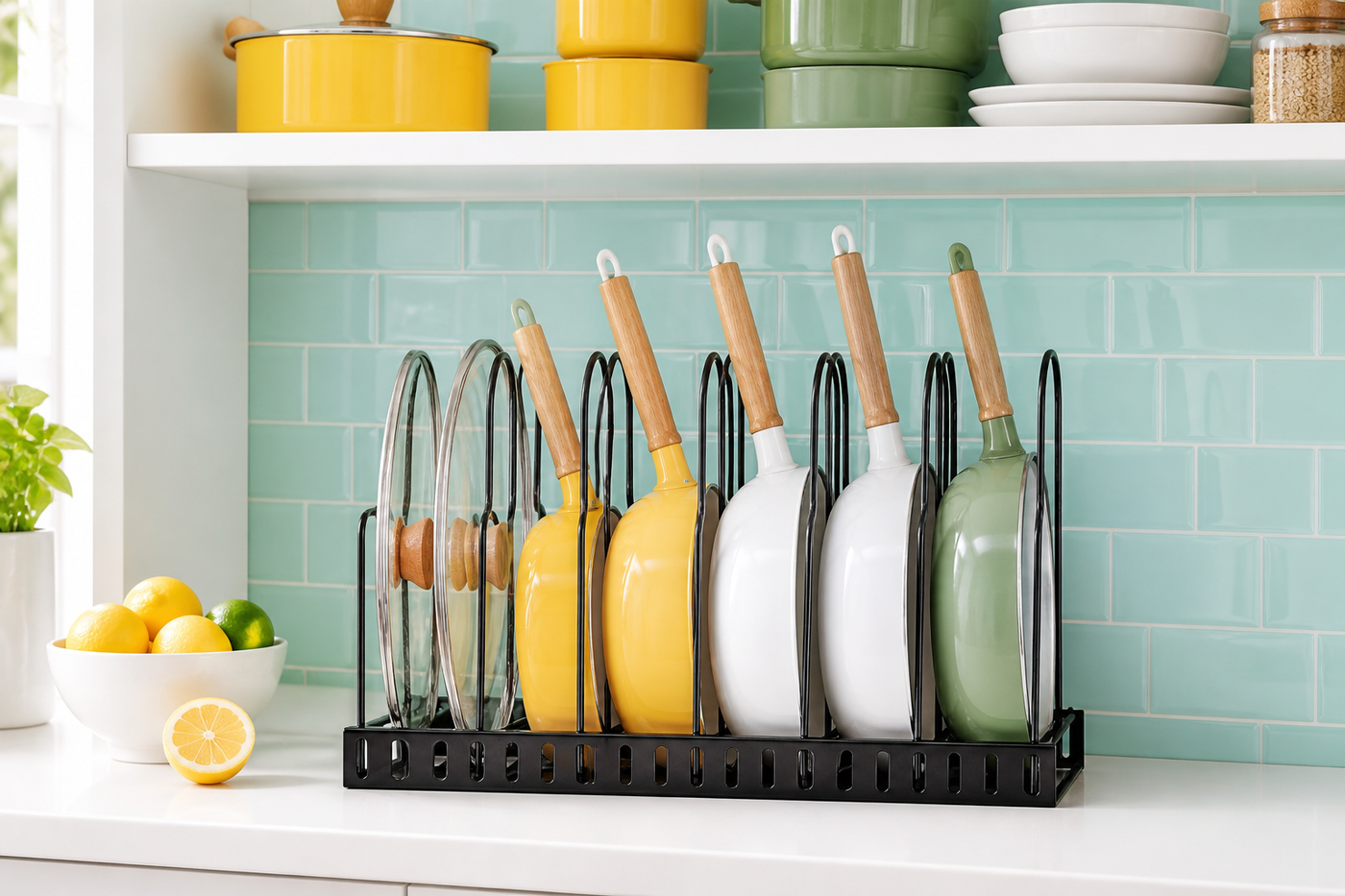 Rung horizontal cookware layout holding colorful pans and glass lids on a bright pantry counter