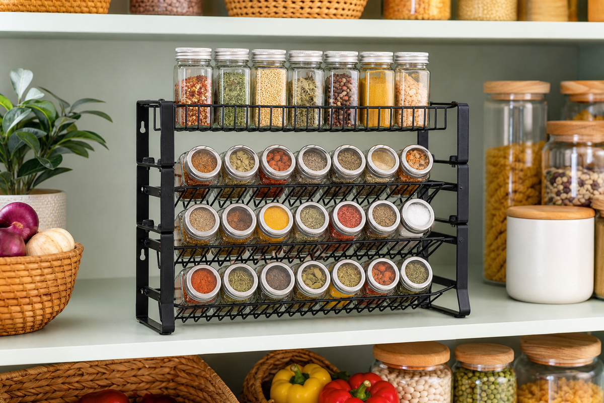 Savor four-tier spice rack organizing jars on a bright pantry shelf; jars not included
