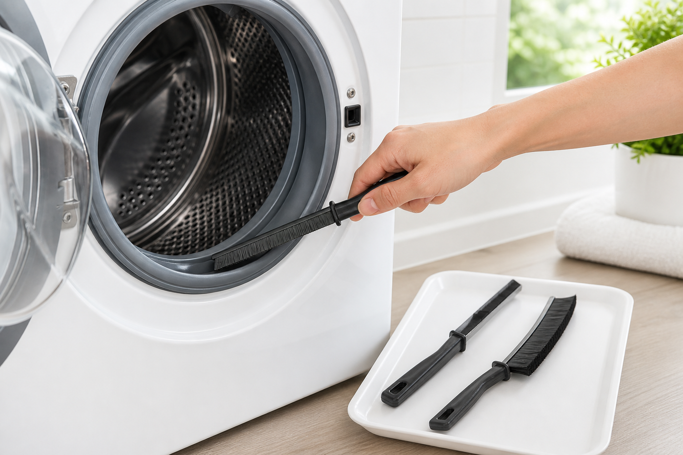 Sliver curved crevice brush cleaning a front-load washing-machine gasket