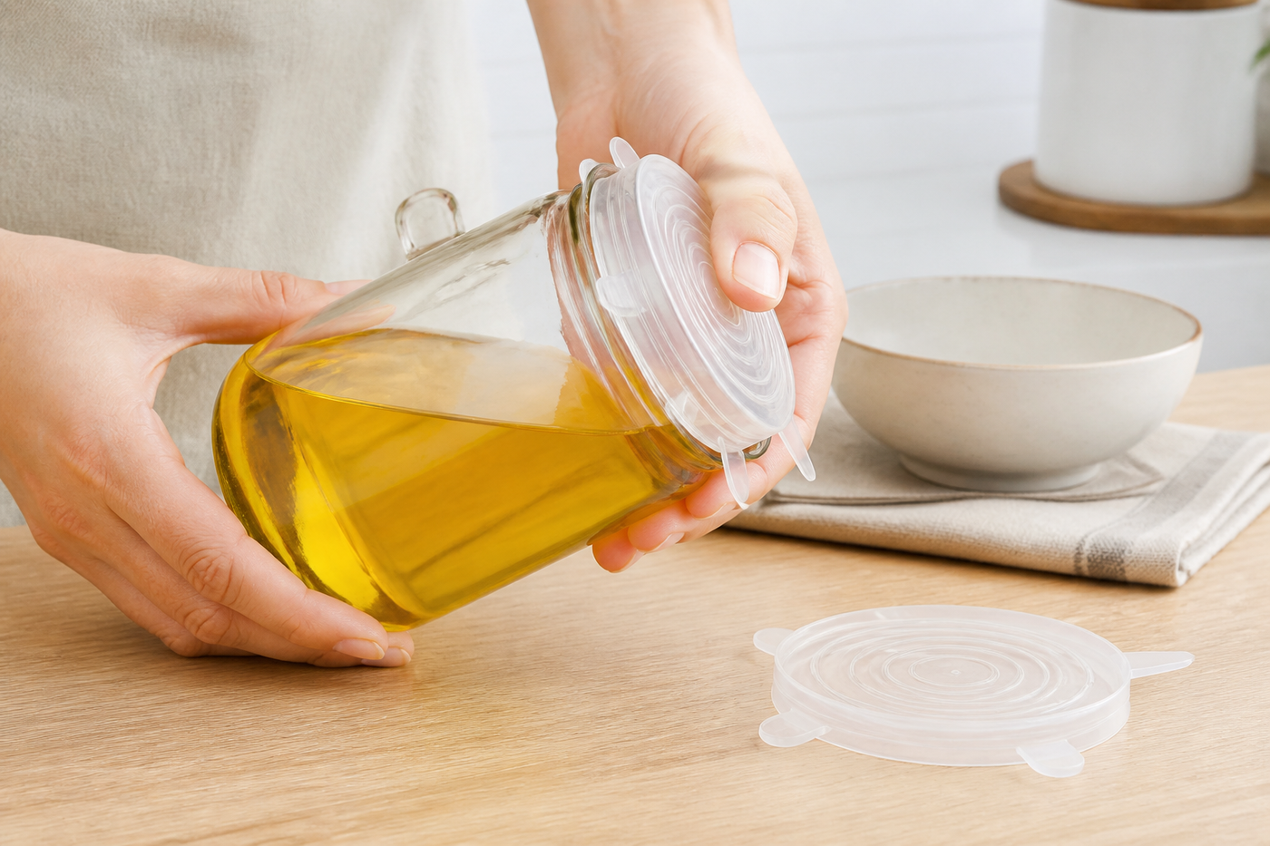 Snug silicone lid fitted over a clean glass jar for a close flexible seal