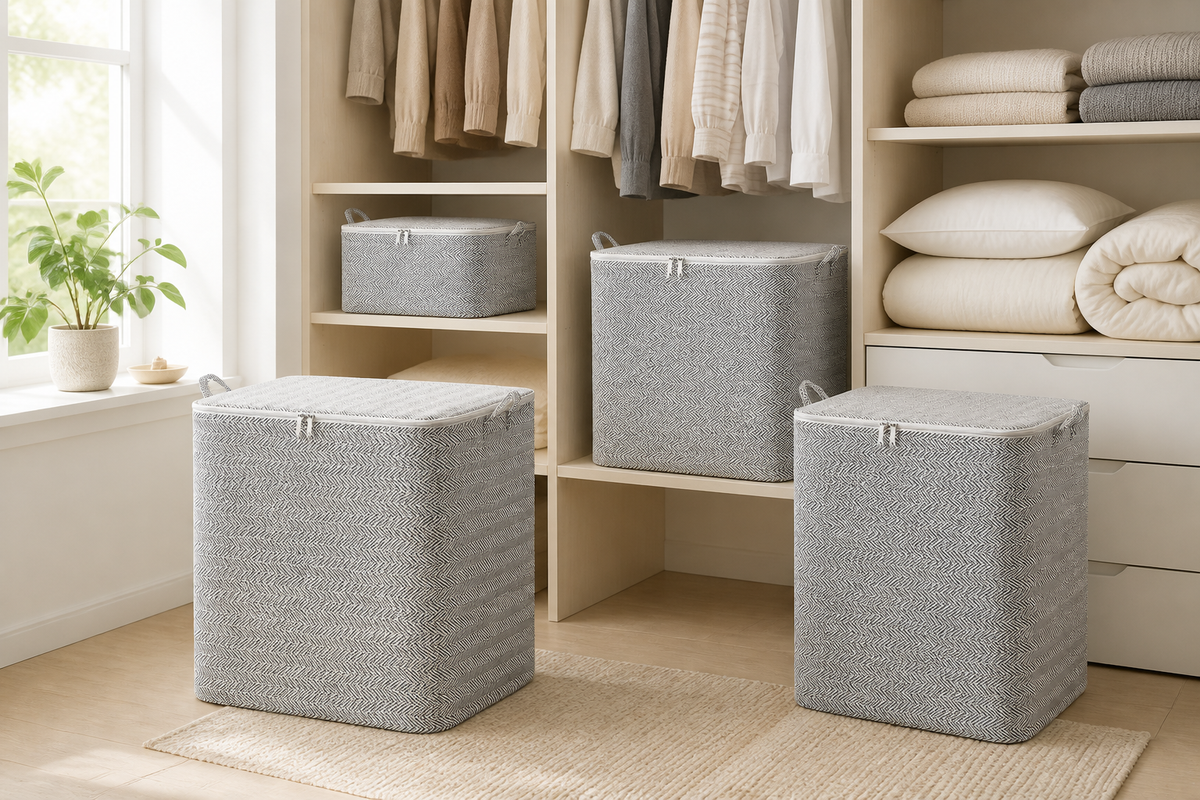 Four Stow foldable storage bags arranged across a naturally lit wardrobe