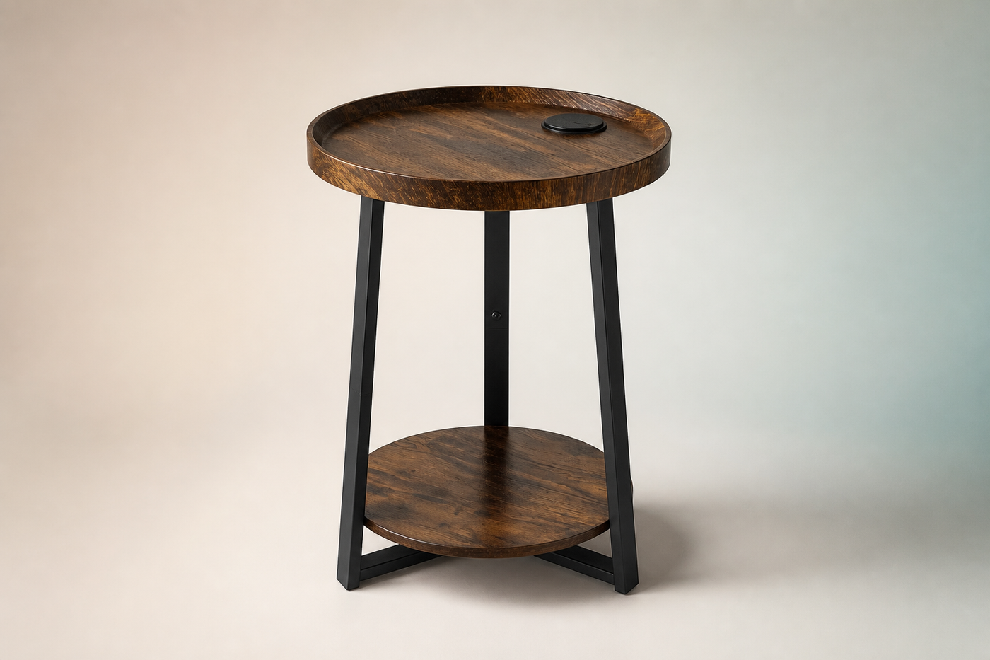 RoundCharge rustic-brown round side table with black metal frame and lower shelf