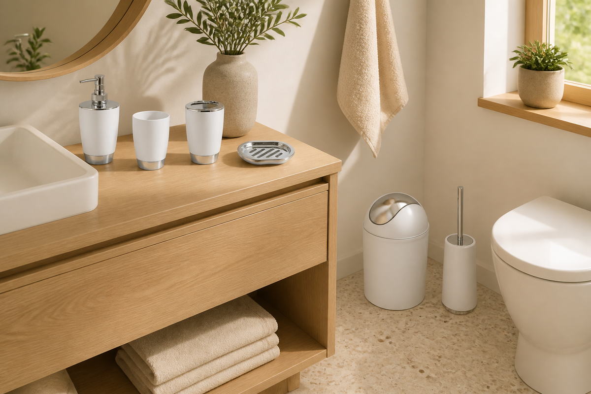 White Suite six-piece bathroom set in a warm oak guest bathroom