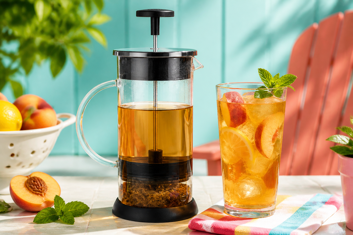 Steep glass tea press beside peach citrus iced tea on a sunny aqua and coral patio