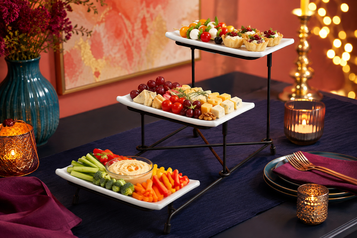 TierBloom three-level serving stand presenting vegetables, cheese, and appetizers at a jewel-tone evening gathering