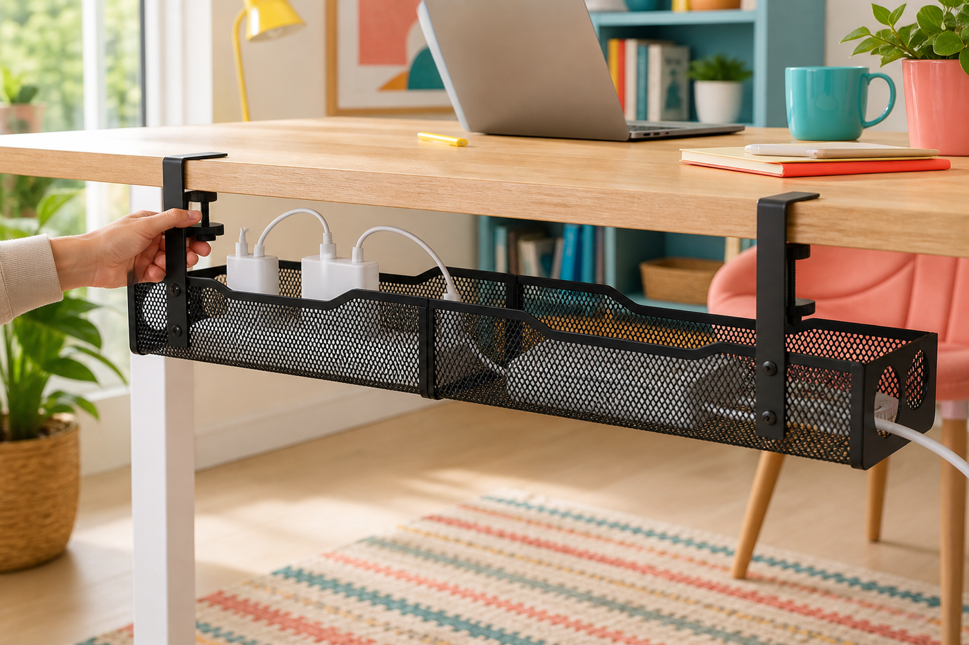 Close view of UnderRail's two hand-tightened no-drill desk clamps and protective contact pads