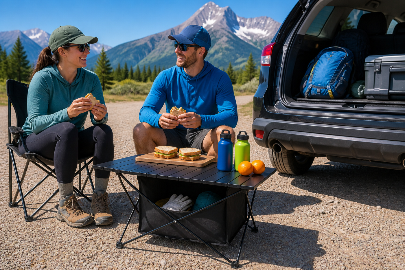 TrailNest large camp table serving two hikers beside an open vehicle