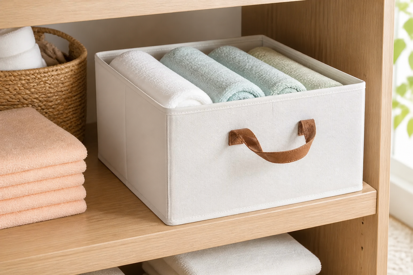 Tuck foldable storage bin holding rolled towels on a sunlit linen-closet shelf