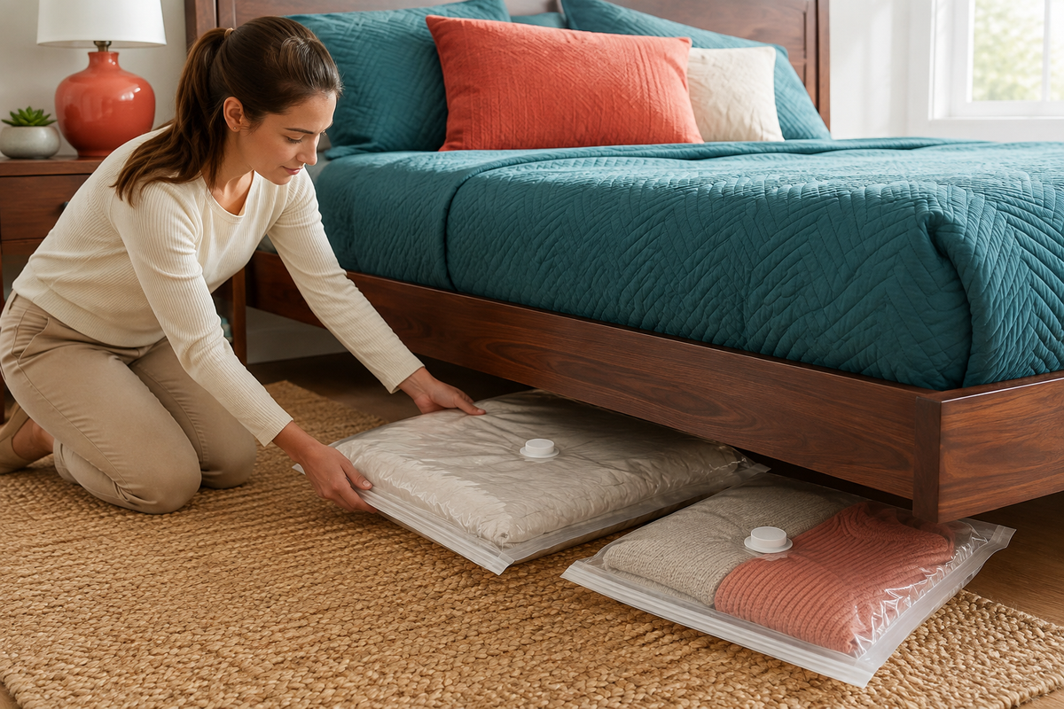 SealSpace vacuum storage bags holding folded bedding beneath a bright bedroom bed