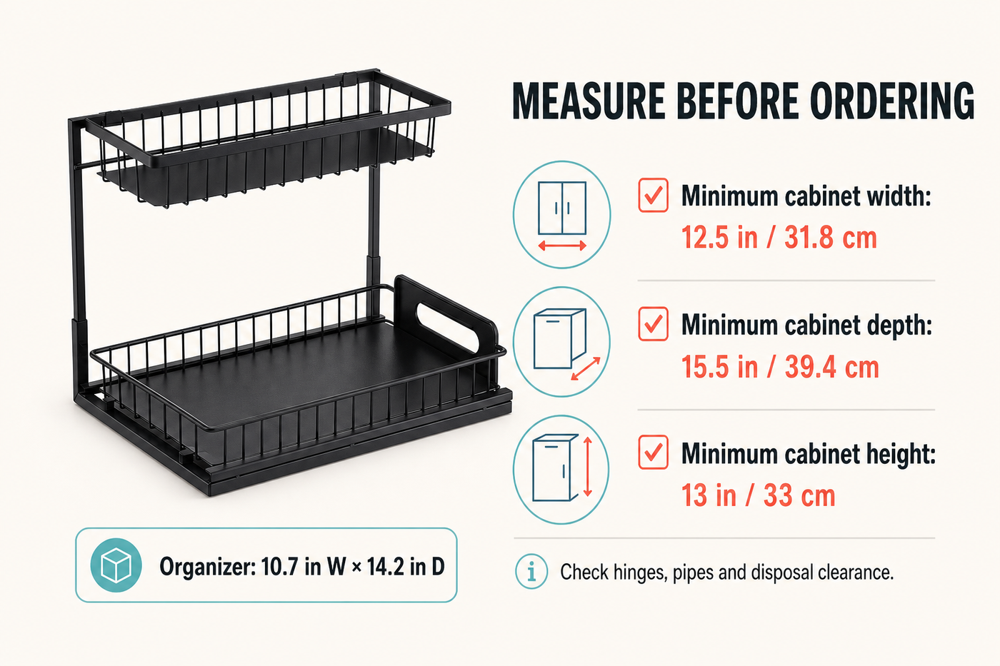 UnderStack fit guide: minimum 12.5 inch width, 15.5 inch depth, and 13 inch height