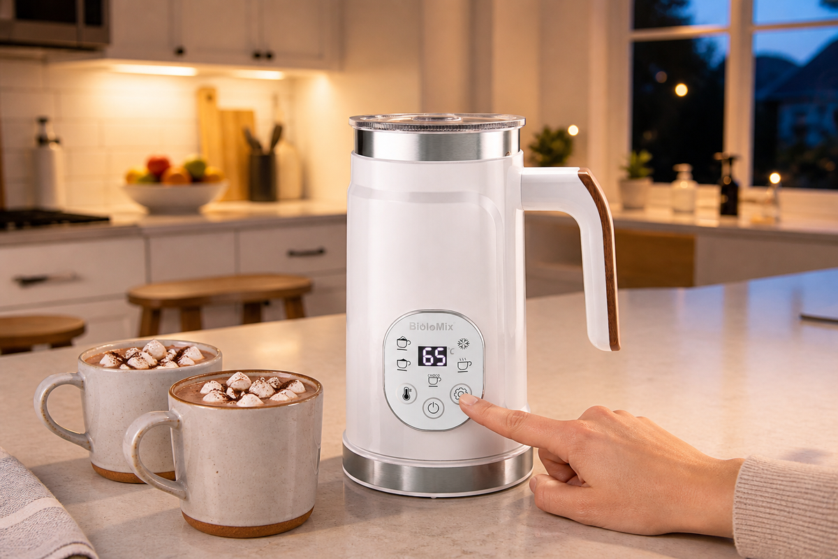 White VelvetFroth milk frother preparing warm chocolate milk in a bright family kitchen