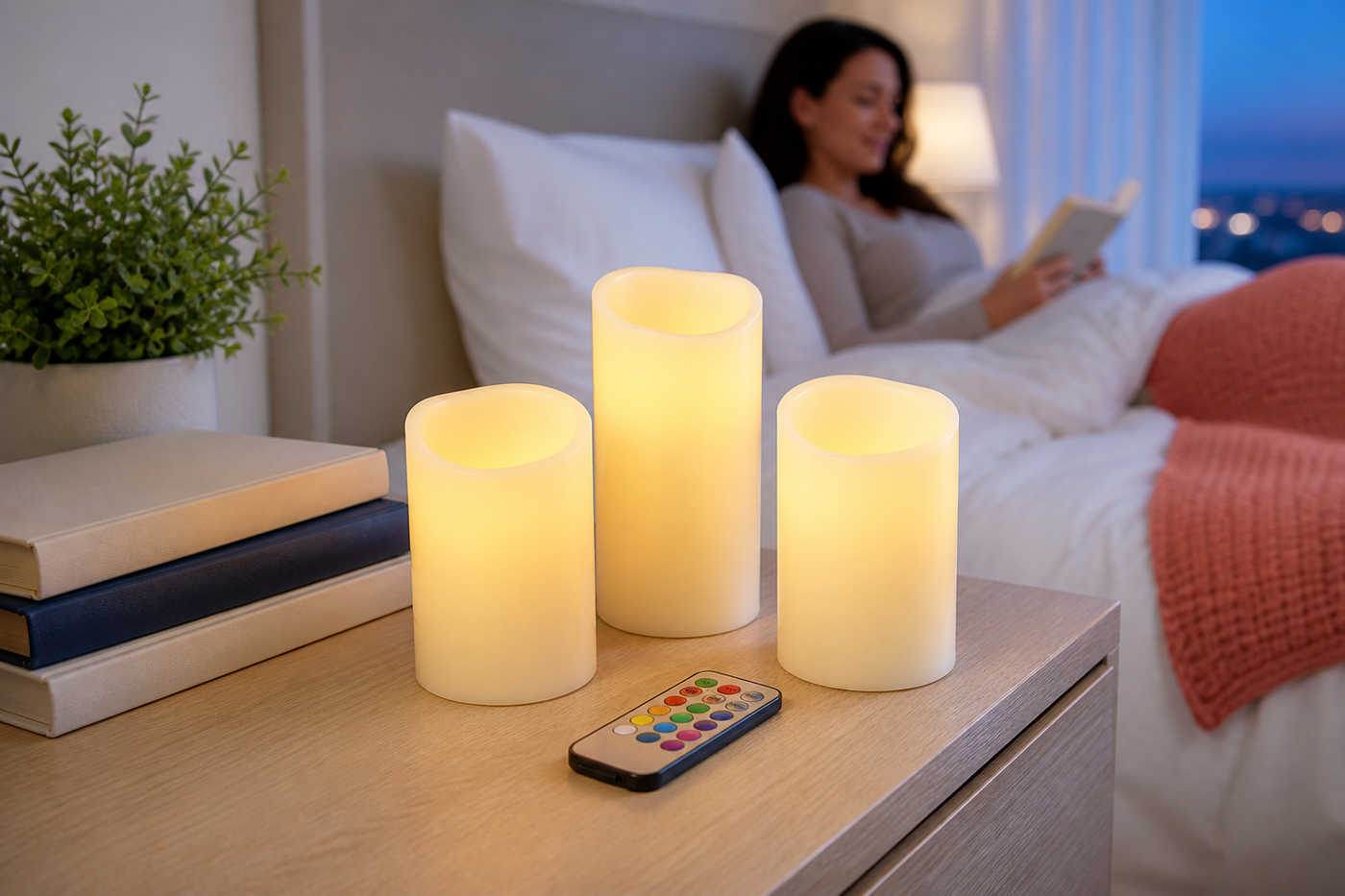 Three Vesper flameless candles glowing warmly beside a bed with the remote in view