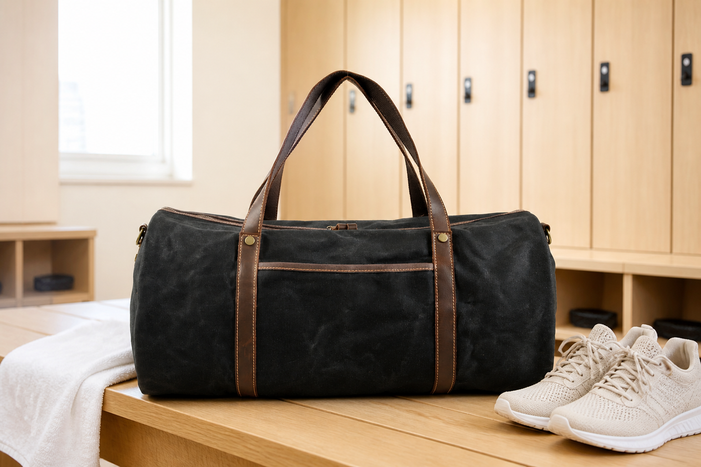 Black Wayfarer canvas weekender duffel on a gym bench