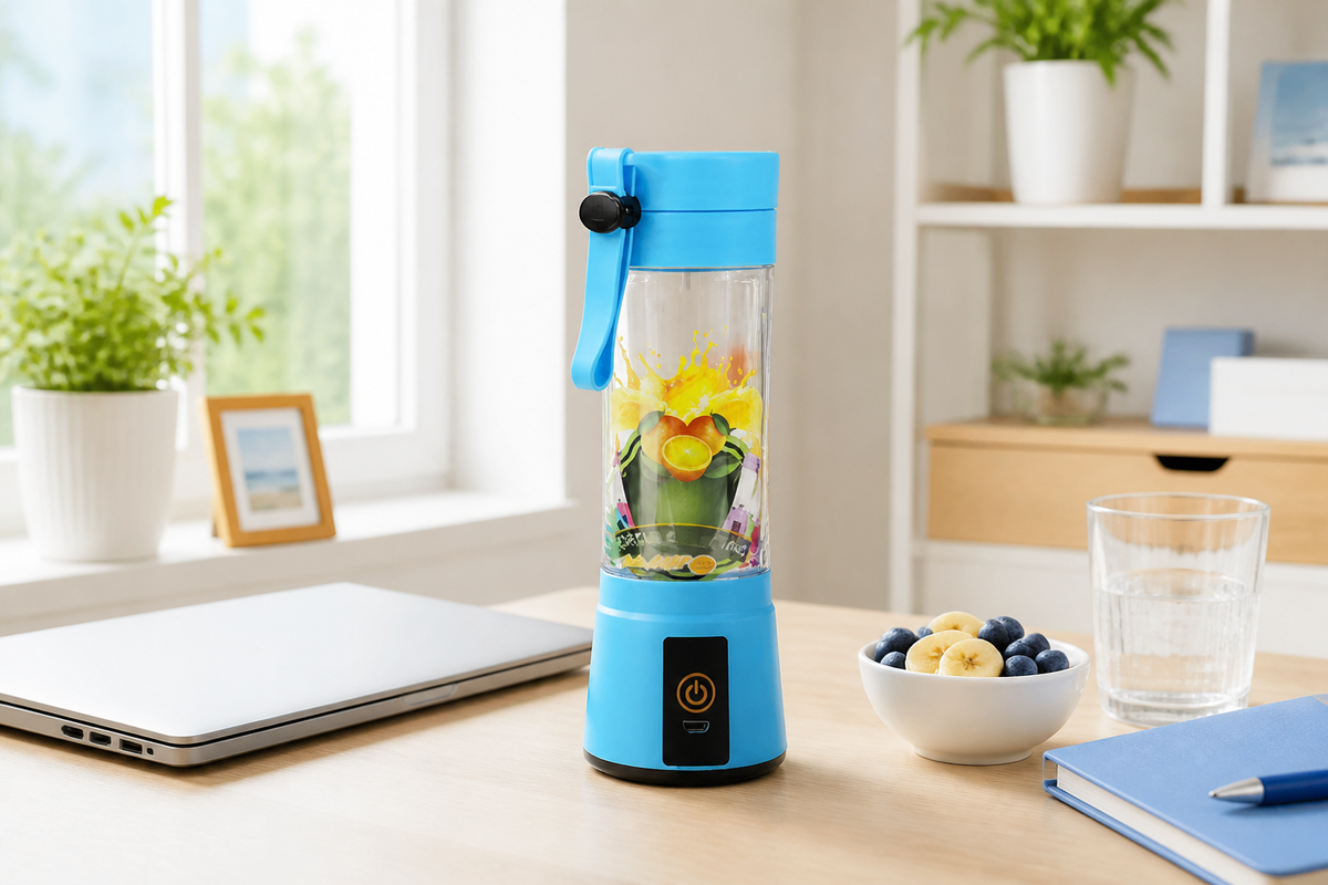 Blue Whirl portable blender on a bright home-office desk