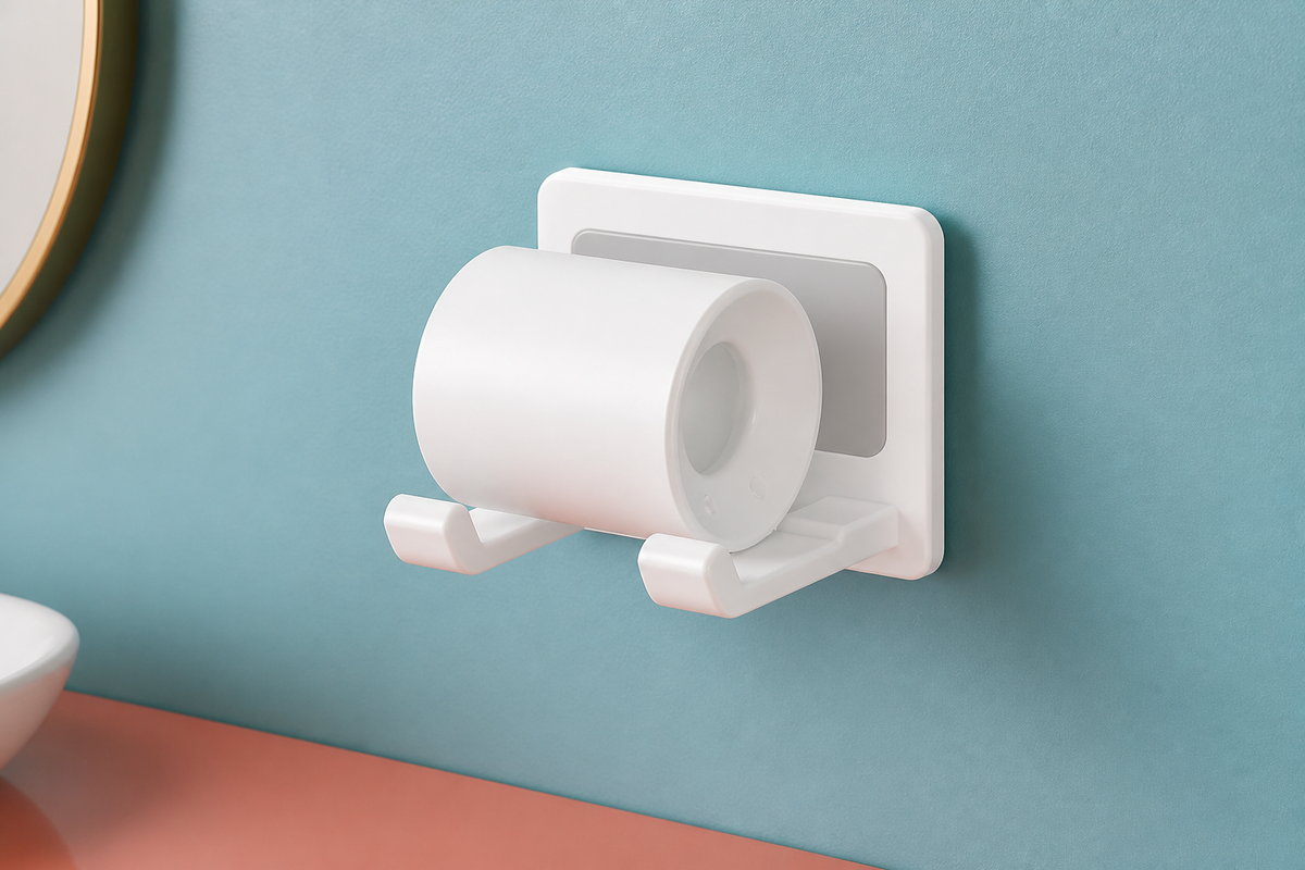 White HaloDock no-drill hair dryer holder in a clean colorful bathroom setting