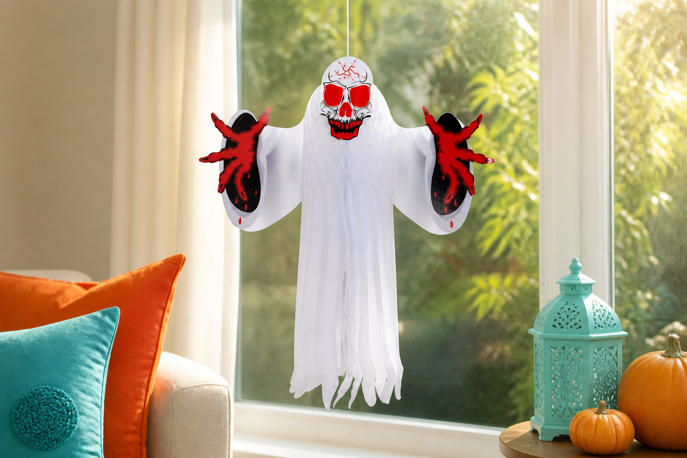 SkullReach hanging paper phantom displayed in a sunny window with orange and teal decor