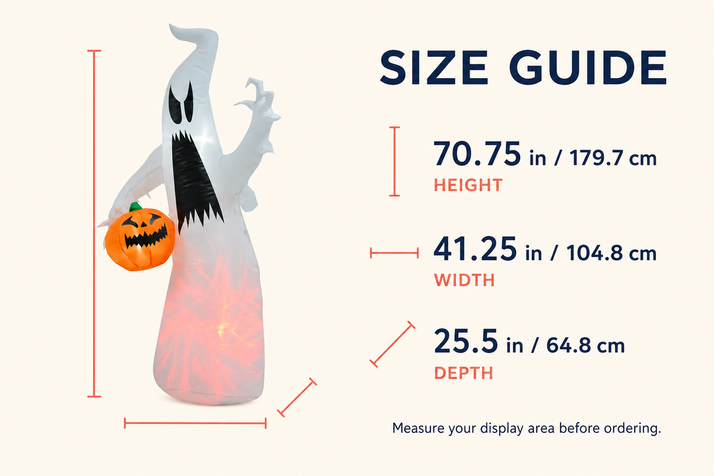 WraithGlow ghost inflatable size guide: 70.75 inches high, 41.25 inches wide, and 25.5 inches deep