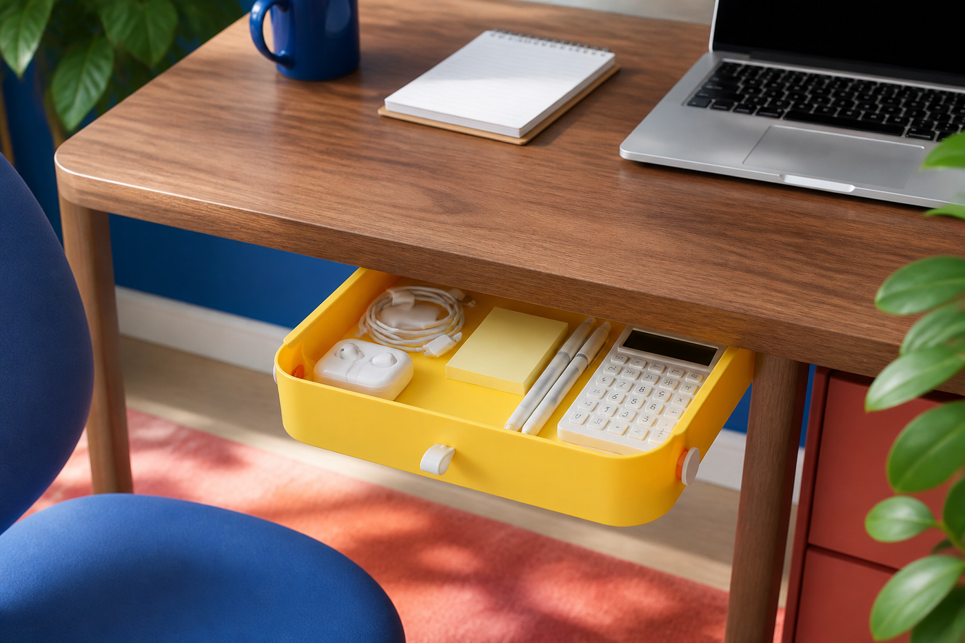 Large Lemon Yellow PocketGlide drawer holding stationery beneath a colorful study desk