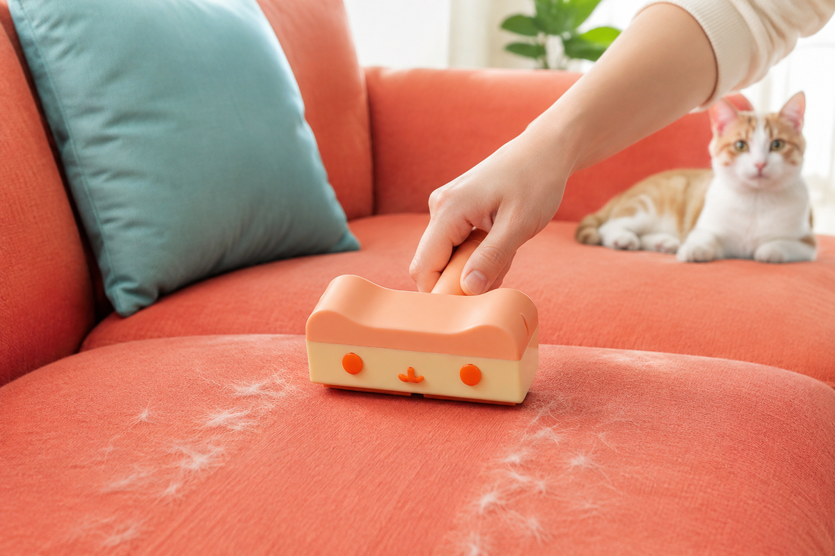 Yellow and orange FurSweep reusable roller being used on a coral sofa