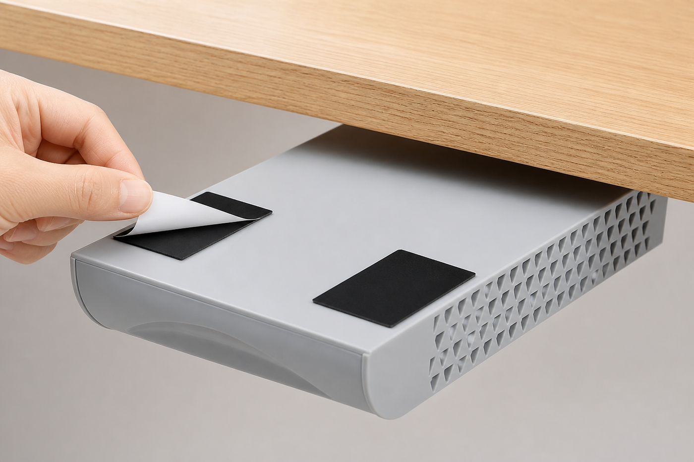DeskNook under-desk drawer adhesive installation detail
