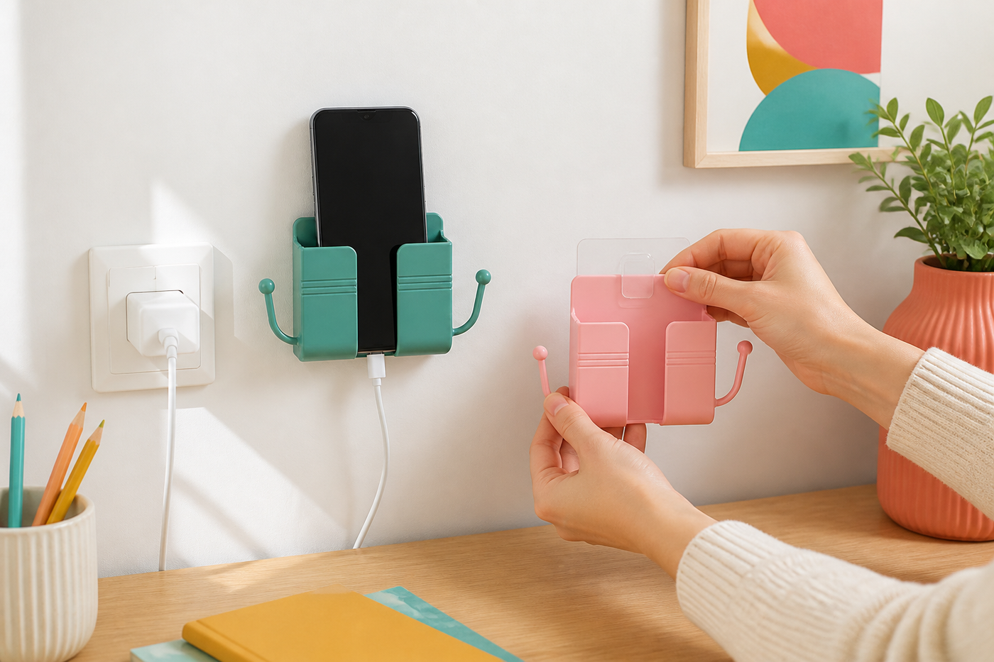 Pink PlugPocket wall holder being installed with an adhesive mounting pad