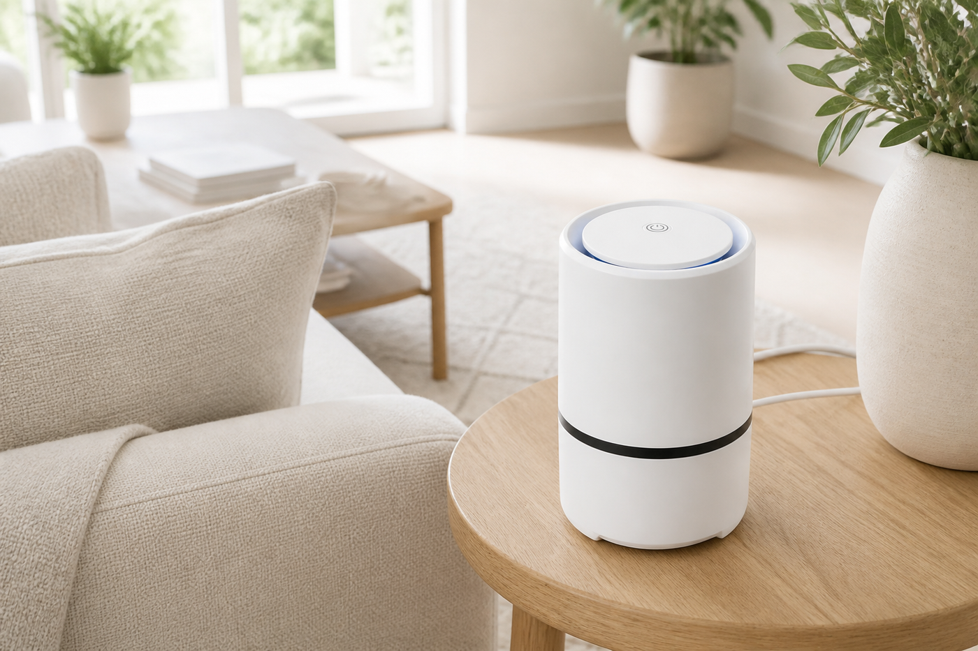 AeroPure compact USB air purifier on a side table in a bright living room