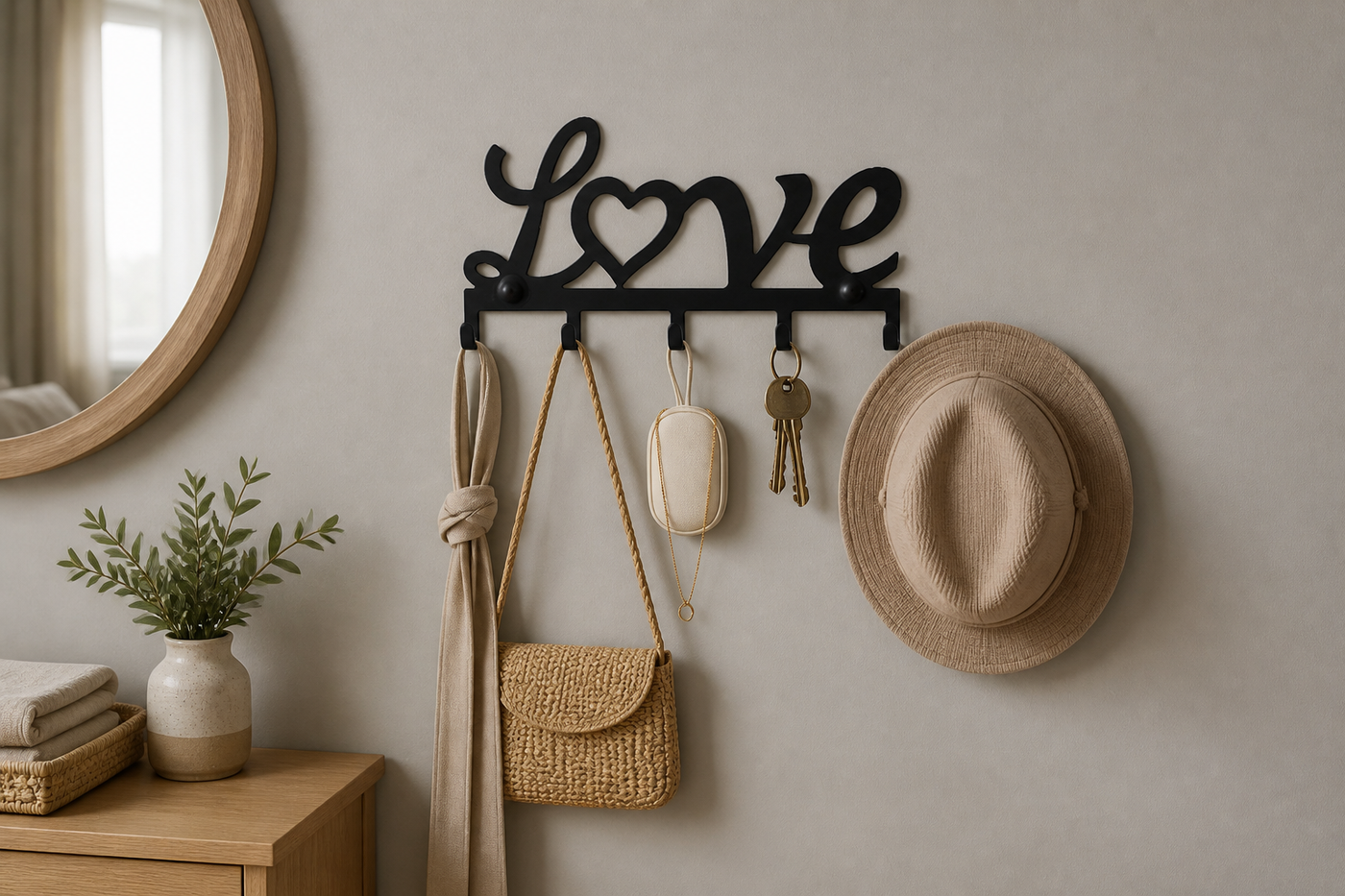 Amour matte-black five-hook wall rack in a neutral bedroom dressing corner