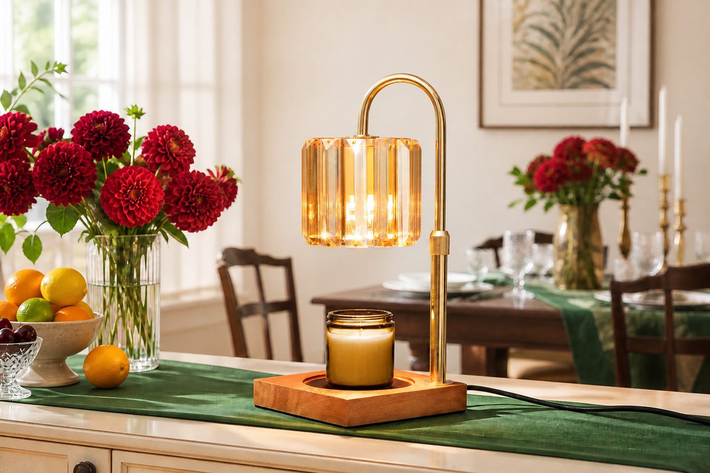 AuraMelt warmer styled on an emerald dining-room sideboard with an unlit candle
