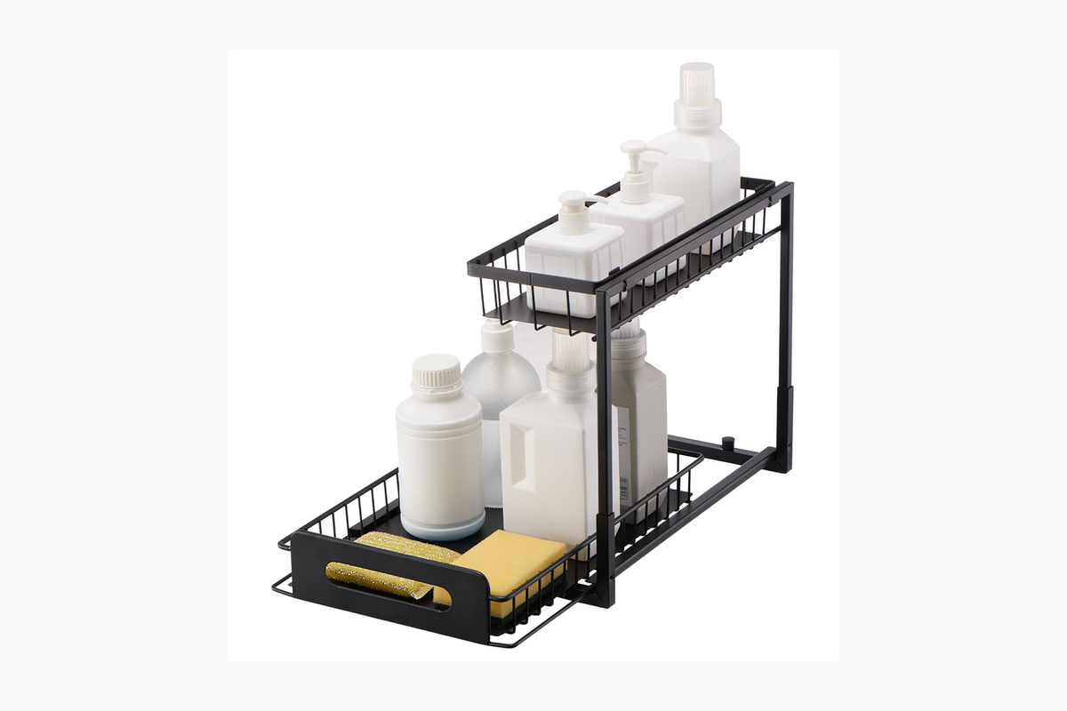 Exact Basin two-tier matte-black pull-out under-sink organizer on white
