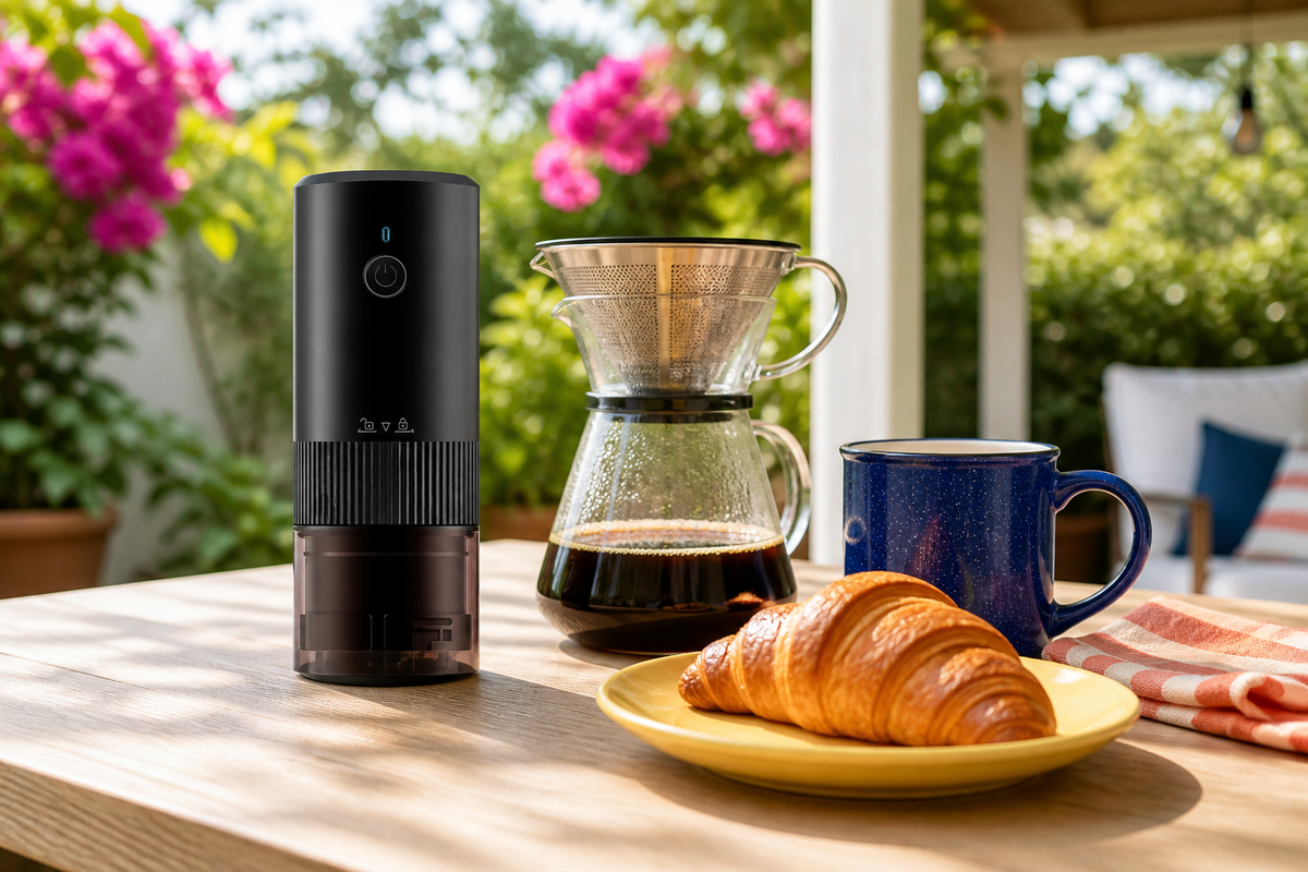 BeanMill Black grinder in a sheltered garden-patio coffee setting