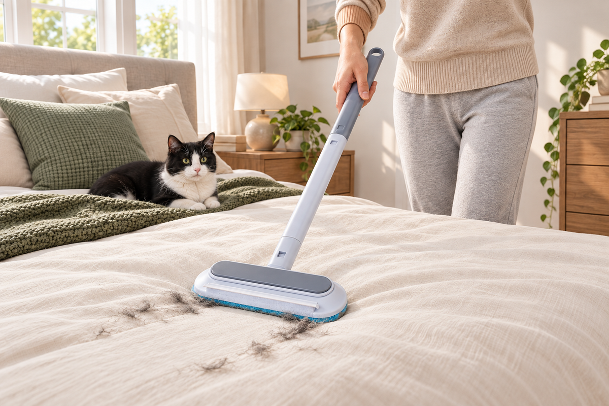 FurReach pet hair remover cleaning a cream duvet beside a cat