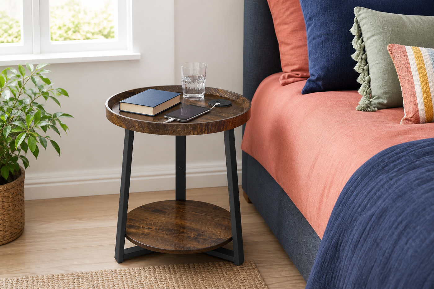 RoundCharge charging side table beside a bright bed with a phone book and drink