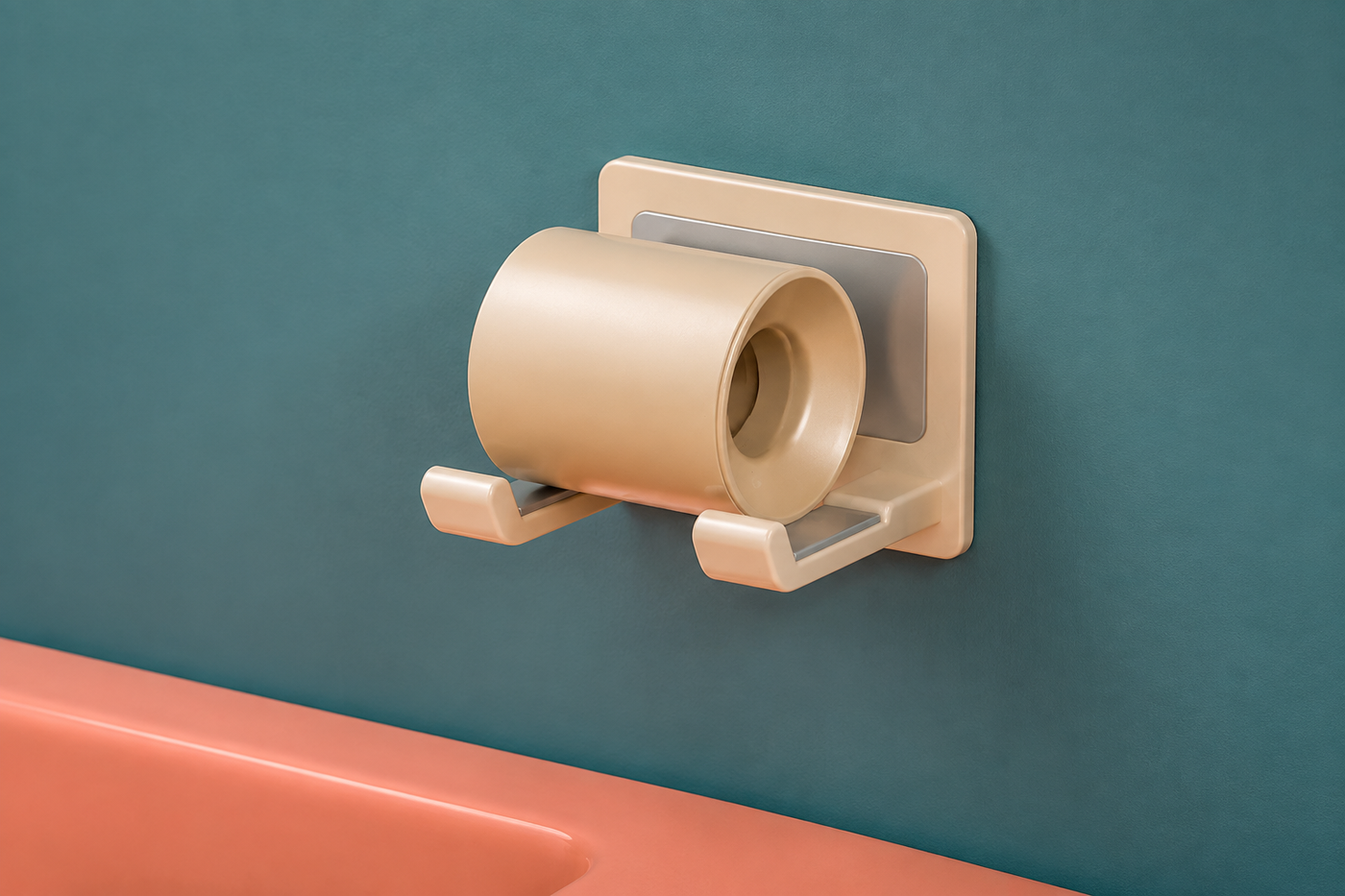 Beige HaloDock hair dryer holder with round barrel cradle and two lower hooks