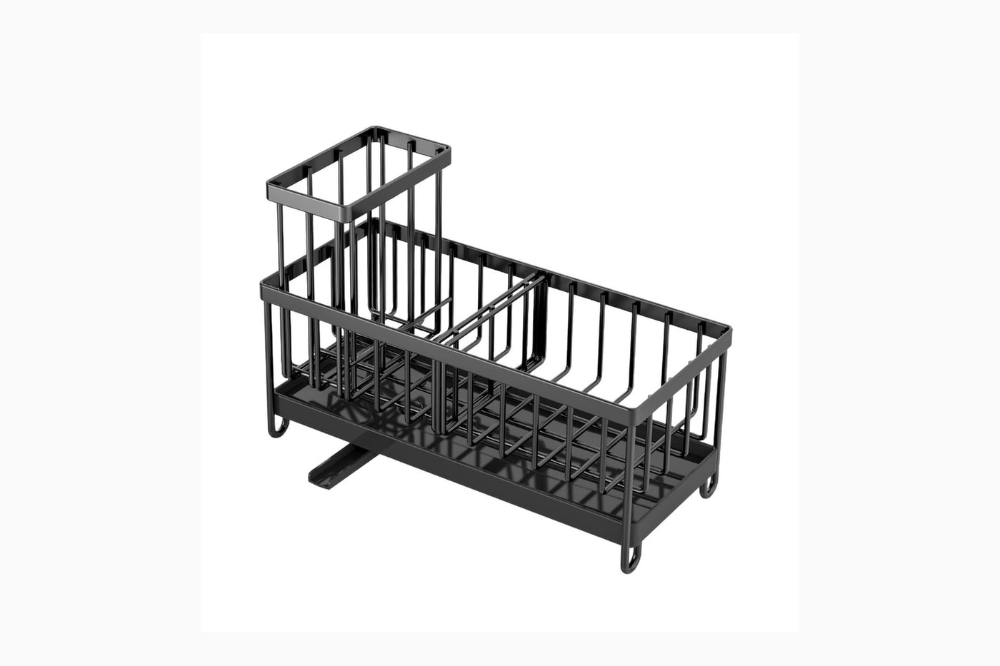 Brim black coated metal sink caddy with removable brush holder and drain tray