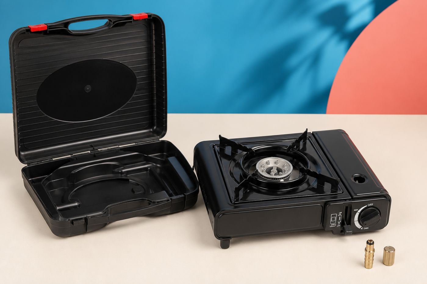 CampFlame stove with fitted carrying case, brass connector and tightening nut