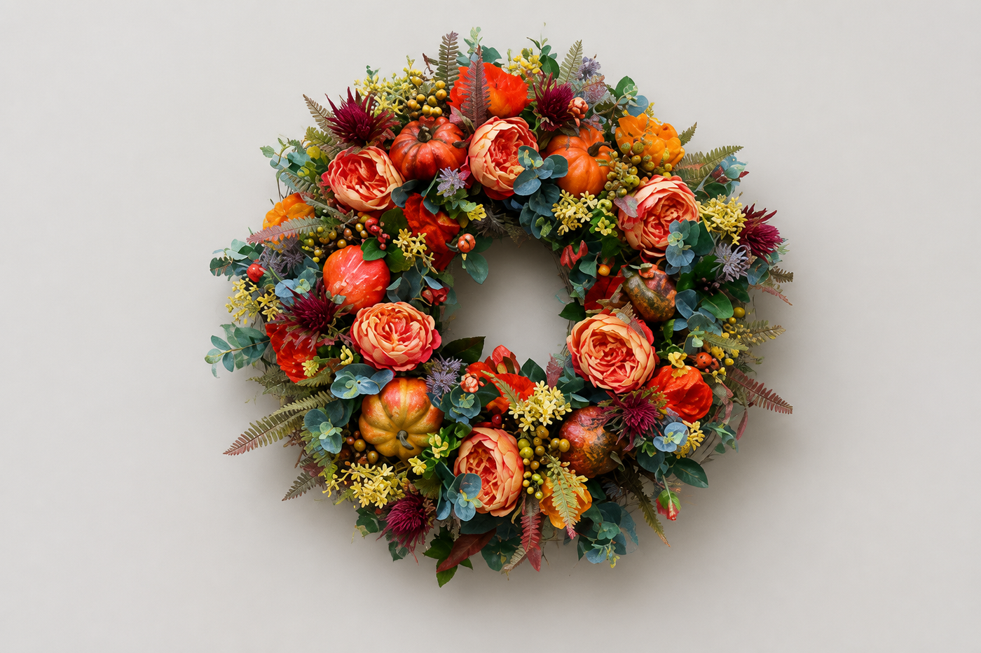 Front view of the compact HarvestBloom peony and pumpkin wreath on a pale background