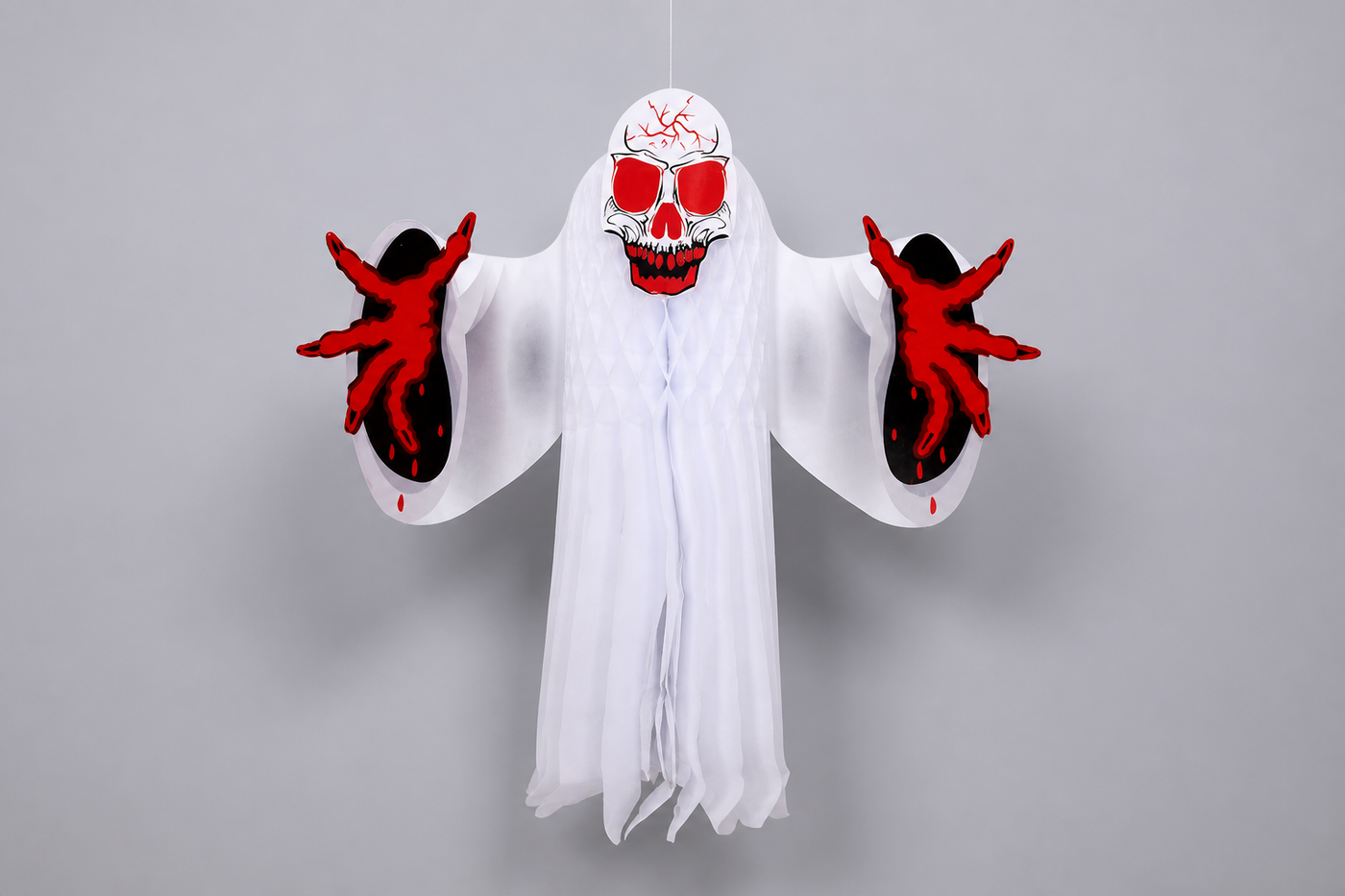 Front-facing SkullReach paper phantom showing the skull red hands honeycomb body and streamers