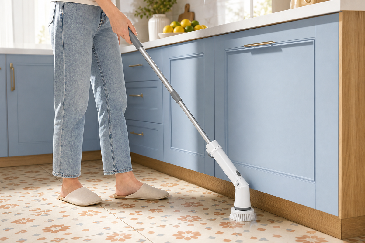 CleanReach telescoping spin scrubber cleaning a colorful patterned kitchen floor