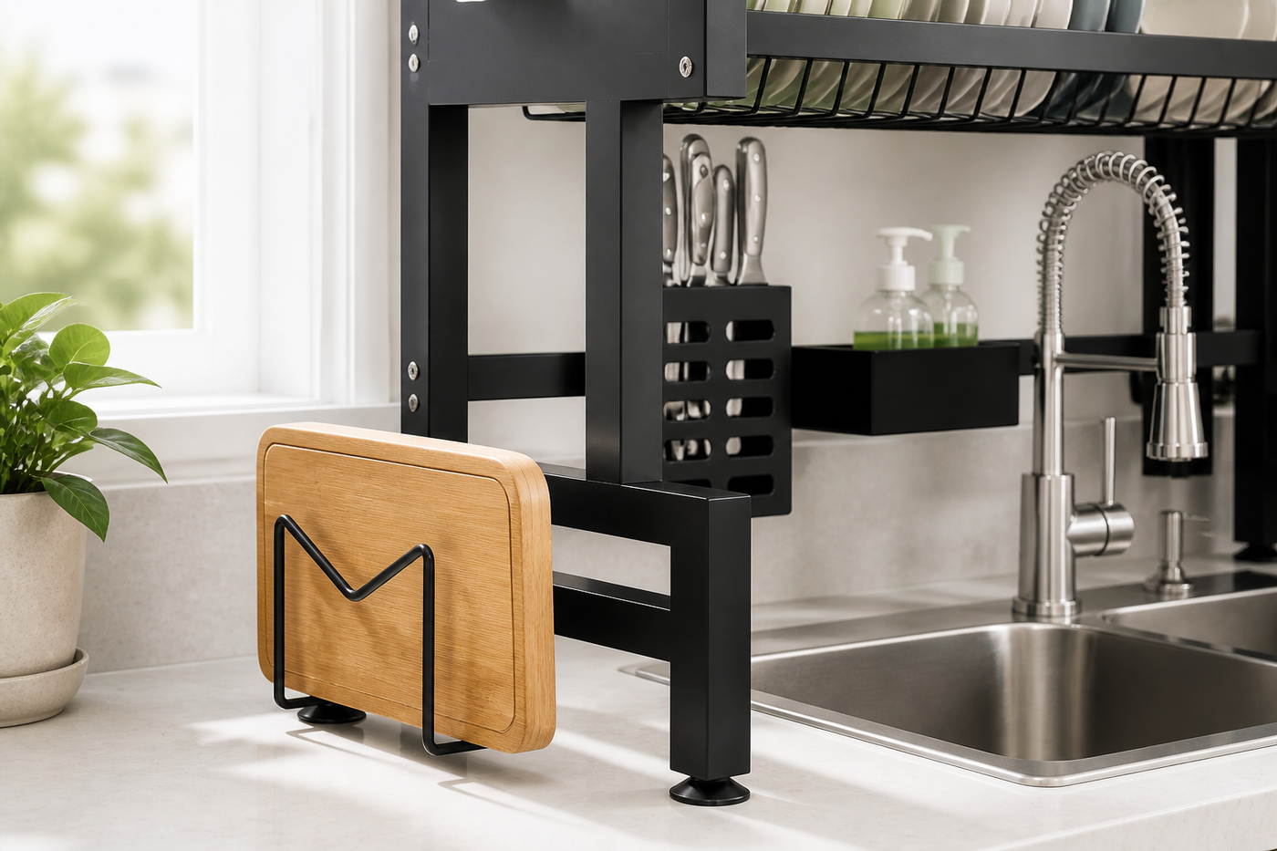 ClearSpan matte-black frame foot and cutting-board holder construction detail