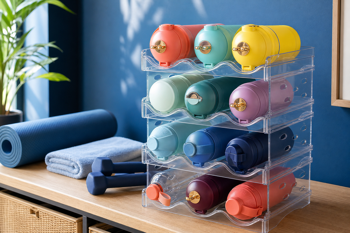 ClearStack four-tier organizer holding 12 reusable sports bottles in a bright home gym