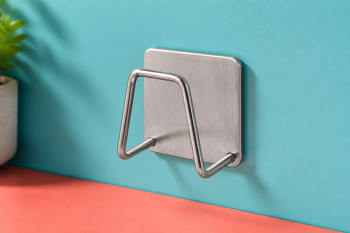 Cling stainless-steel sponge holder shown at an angle with its deep forward-projecting wire cradle