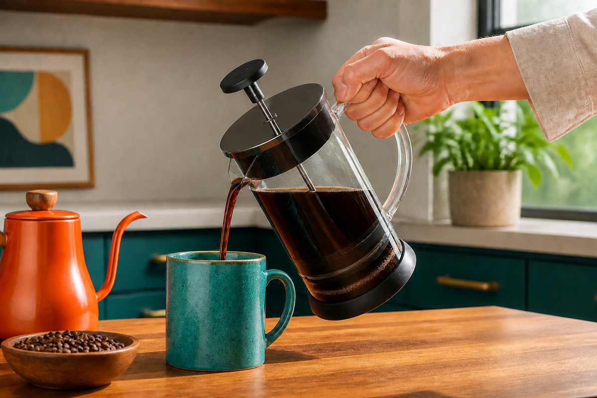 Steep glass press pouring coarse-ground coffee into a turquoise mug in a colorful kitchen