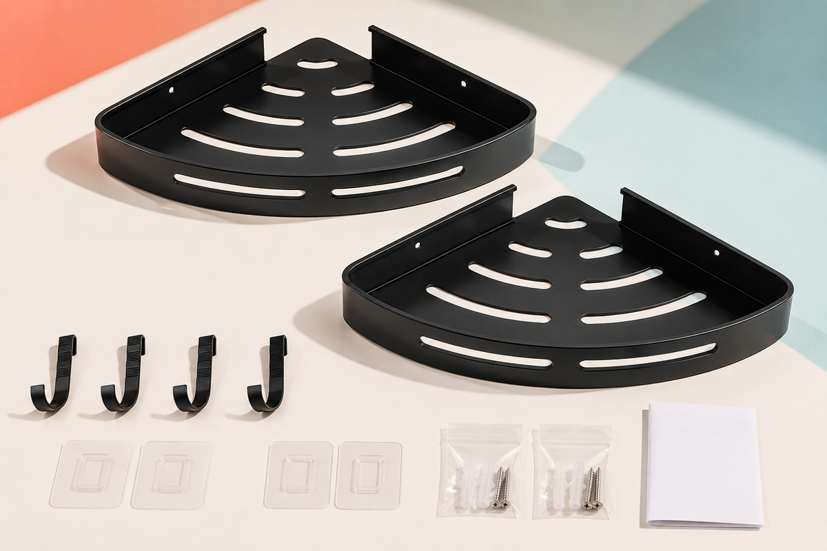 CoveRise two-shelf corner caddy kit with four hooks, auxiliary stickers, screw hardware, and manual