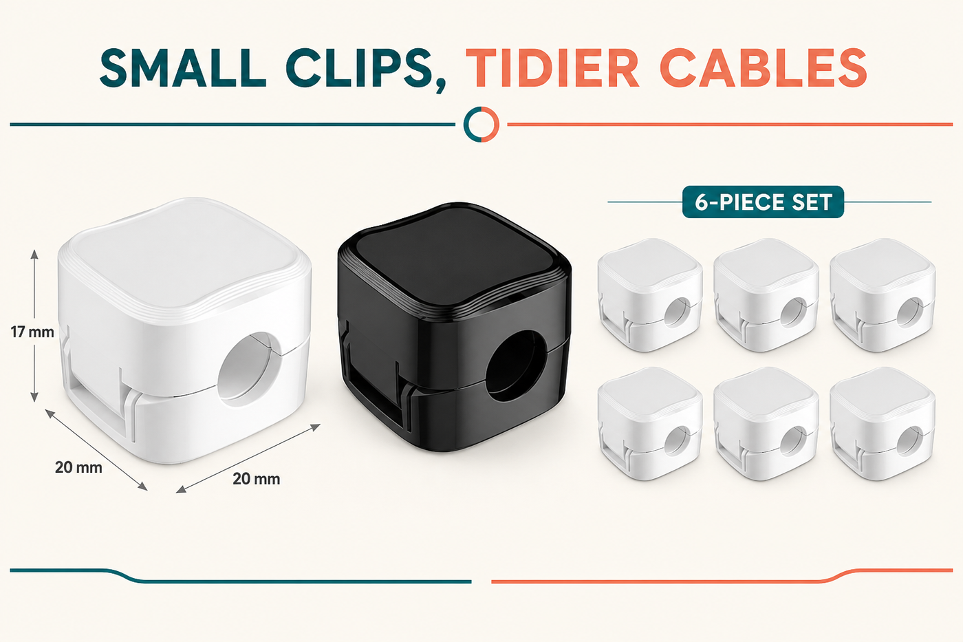 ClickKeep six-pack contents and exact individual clip dimensions of 20 by 20 by 17 millimeters